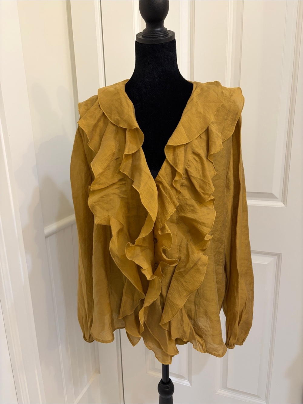 Zara Mustard Brown Ruffled V-Neck Blouse SIze L NWT